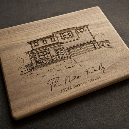 Custom engraved house portrait cutting board lying flat on a table